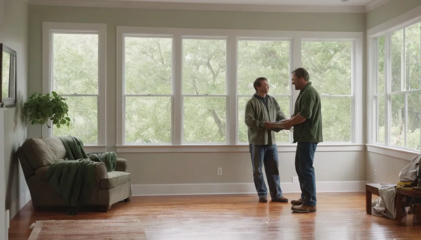 Friendly homeowner and window installer reviewing a new window in a wood-frame house near Portland